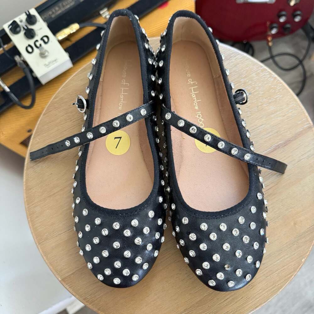 House of Harlow 1960 Black Rhinestone Studded Mary Jane Ballet Flats Size 7